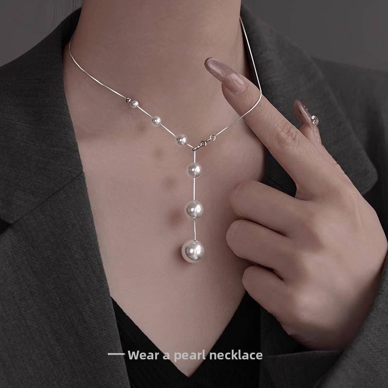 925 Sterling Silver Shijia Gradual Change Y Word Pearl Necklace Female Versatile Niche High Sense A Multi-wear Pearl Collarbone Chain