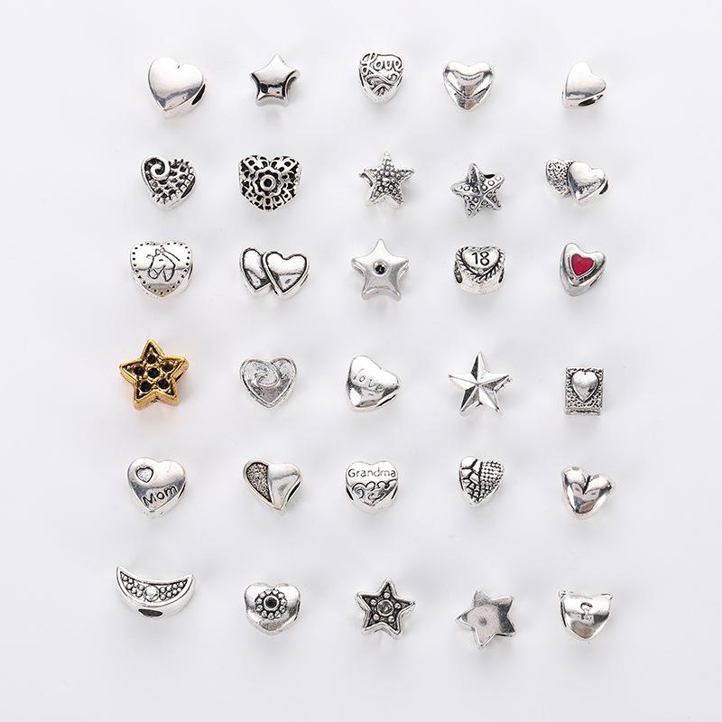 Diy Handmade Ancient Silver Tibetan Silver Jewelry Accessories, Multi-Style Pentagram Love Hole Beads, Bracelet, Alloy Bead Spacer Beads