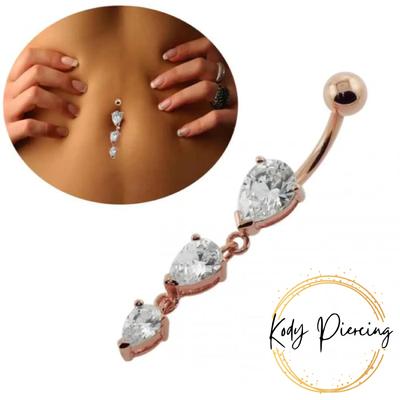 KODY PIERCING Rose Gold Plated Dangle Belly Button Ring with 3 Zirconium Tears