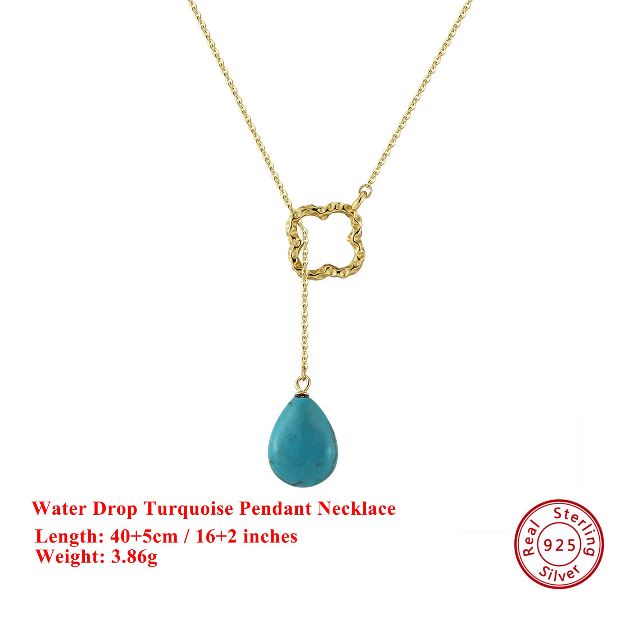 

EFFIE QUEEN 100% S925 Silver 14k Gold Water Drop Shaped Turquoise Pendant Necklace Natural Jewelry for Women Banquet Party GMN47