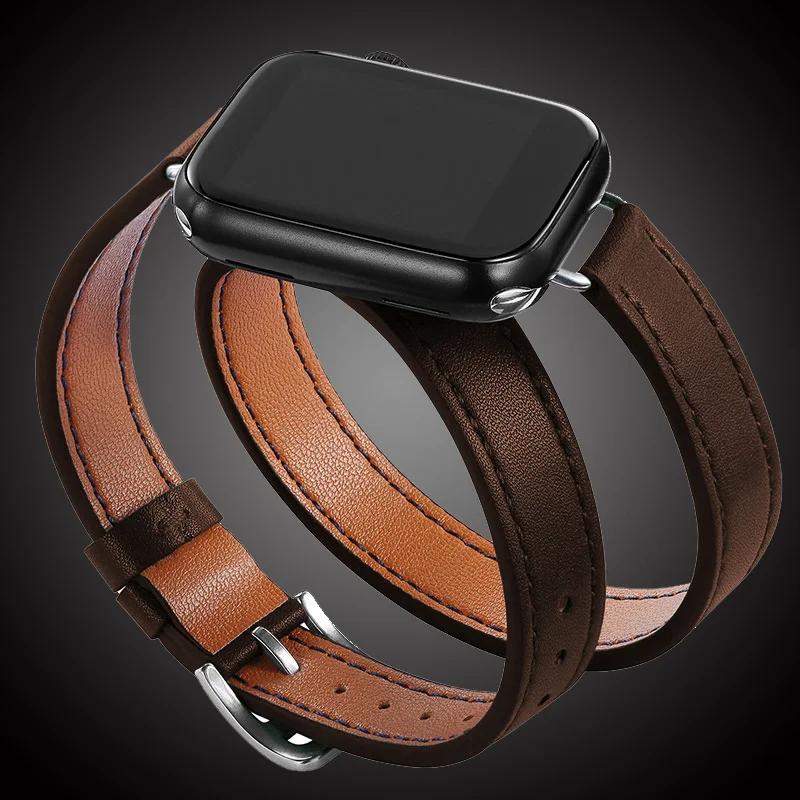 For Apple Watch Band 40 41mm Double Tour Leather Strap 45/46 42 44mm Series10 9 8 7 6 Se 5 4 3 2 for Iwatch6 38mm Fashion Correa