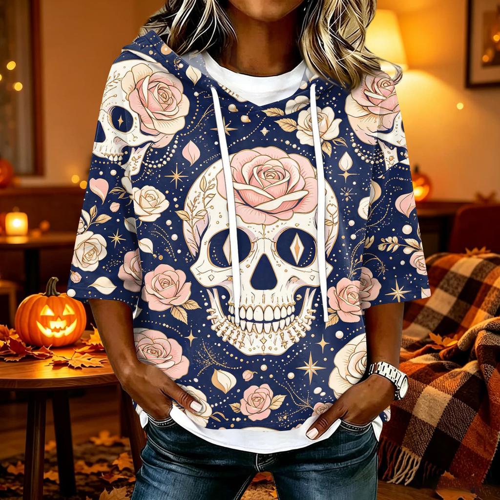 Women's Halloween Print Casual Loose Fit Hooded Top with and Three-Quarter Sleeves