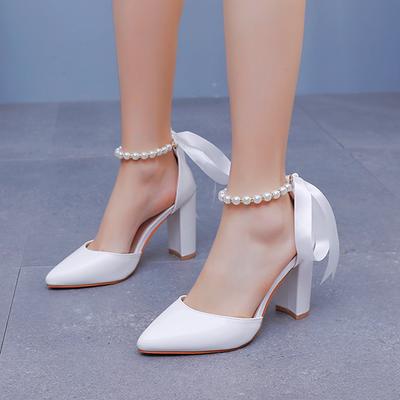 Plus Size34-43Women Shoes Thick Heel Pointed Women's Sandals Pearl Ankle Strap Women's Pumps Wedding Party Bride High Heel Shoes