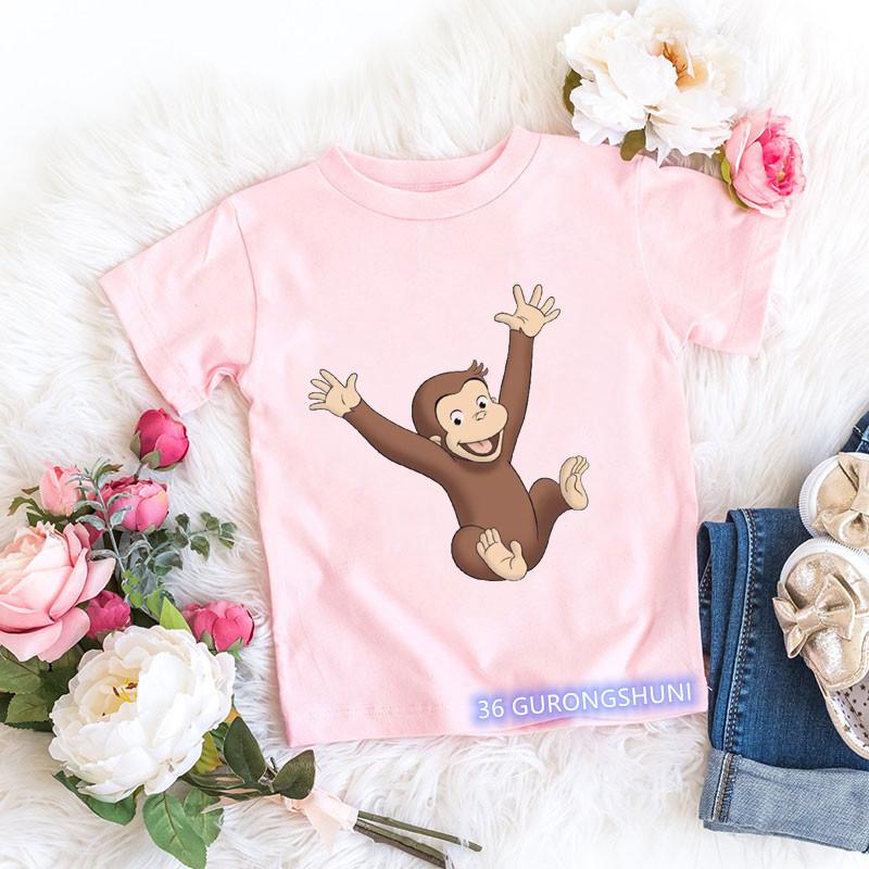 T-shirt Kawaii per bambine Stampa cartone animato Scimmietta Curious George Abbigliamento per bambini T-shirt estive T-shirt per bambine Top rosa a maniche corte