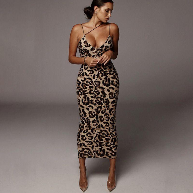 

Fashion Style Sexy Sexy U-Neck Low-Cut Sling Dress Leopard Print Snake Print Print Slim-Fit Figure Flattering Long Skirt Leopard print L