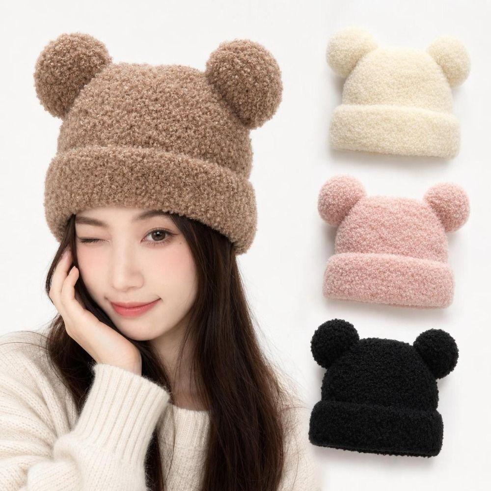 Cute Bear Ear Plush Beanie Hat Thickened Winter Beanie Cap Casual Bear Ear Hat  For Women
