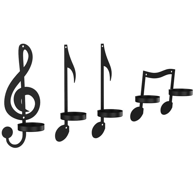 M-Modern-4Pc Music Note Candle Holder Black Music Note Wall Sconce Vintage Art Musical Note Style Candle Holders Iron Easy Insta