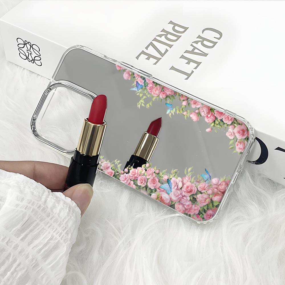 Fresh Pink Rose Apple 16promax Makeup Mirror Mobile Phone Case iPhone17 Makeup Mirror Girls Premium