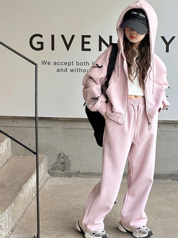 Trendiges koreanisches Schleifenset: Kapuzenjacke & Freizeithose für große Mädchen