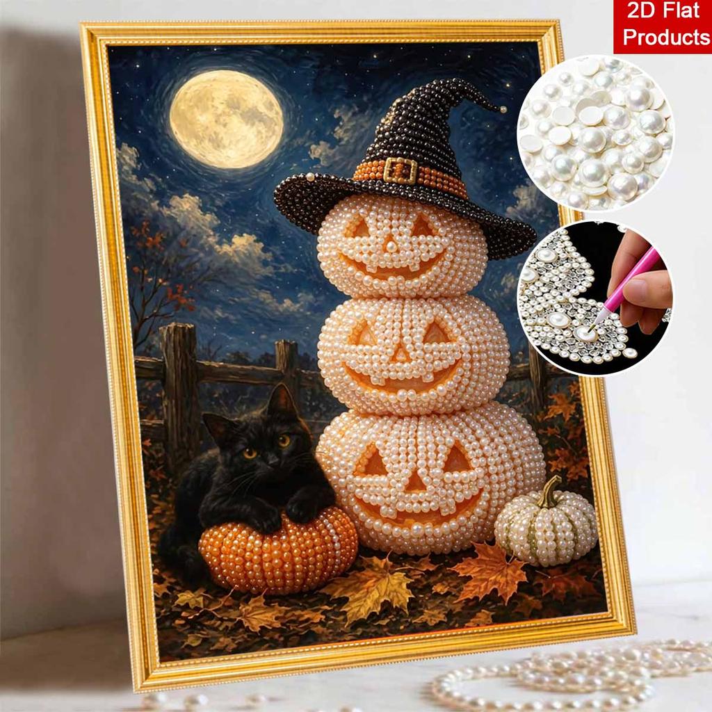 DIY Pearl Bead Art Canvas Witch Pumpkin Cat Pattern Frameless 3D Painting Kit for Bedroom Living Room Home Wall Decor Art