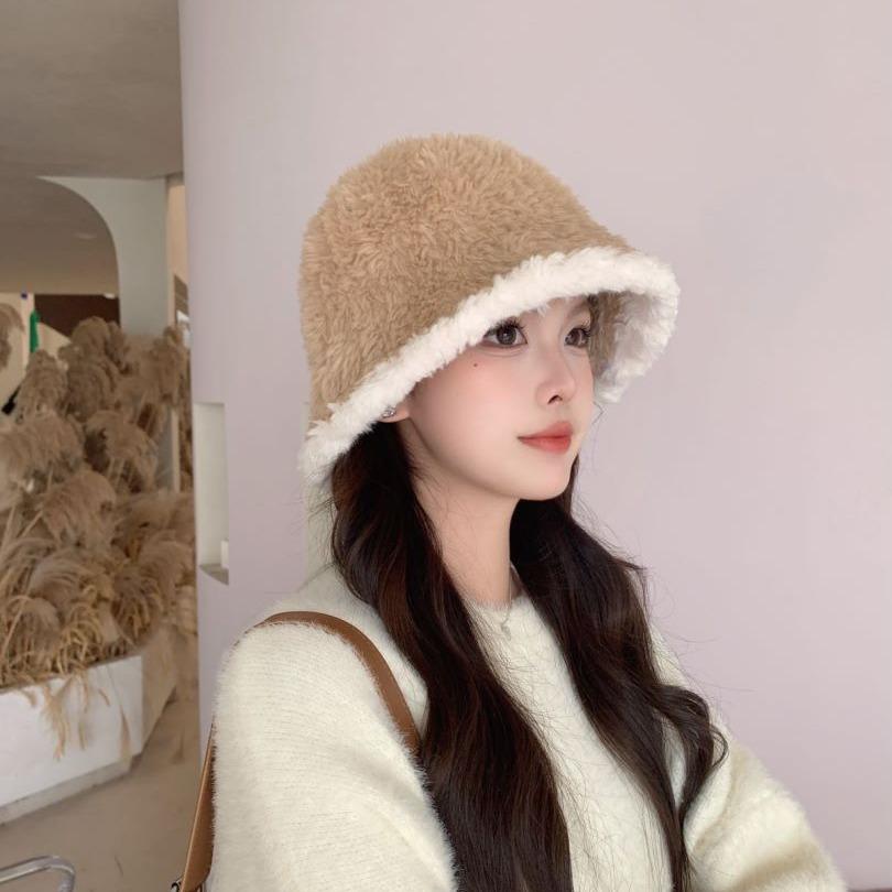 Autumn and winter hat women's plush bucket hat women's face small knitted basin hat winter warm bucket hat