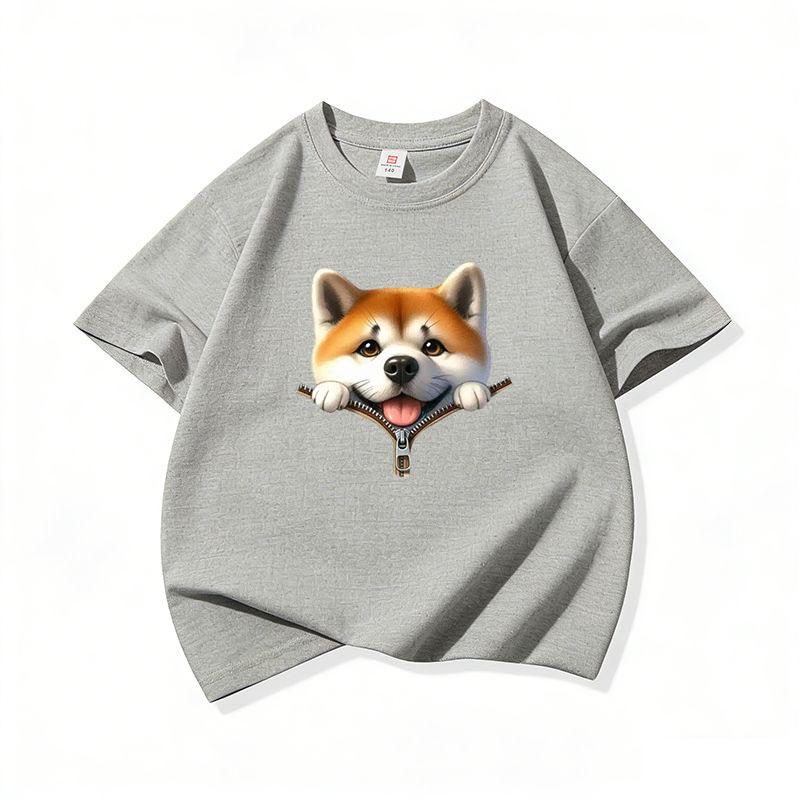 Kids Pure Cotton T Shirt Adorable Dog Zipper Print Crew Neck Short Sleeve Tee Casual Breathable Boys Girls Summer Tops