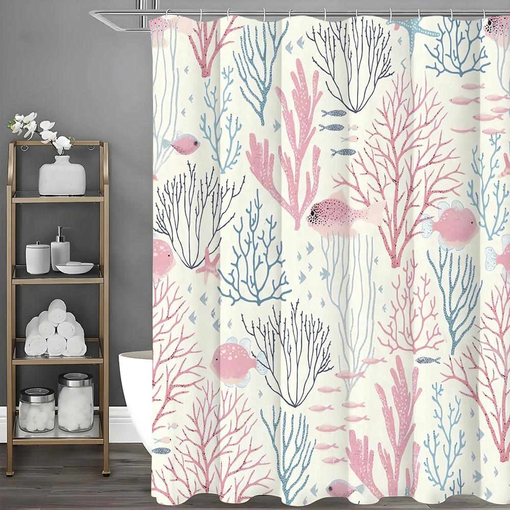

Small Fish Coral Pink Blue Shower Curtain, Bathroom Decorative Shower Curtain, Waterproof Shower Curtain With Hooks W60H190(CM)-1 Pcs