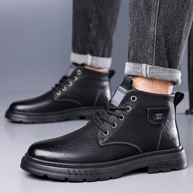 Autumn and Winter Men's Platform Leather Shoes Men's Cotton Shoes Velvet Warm Snow Boots Martin Boots Leather Boots