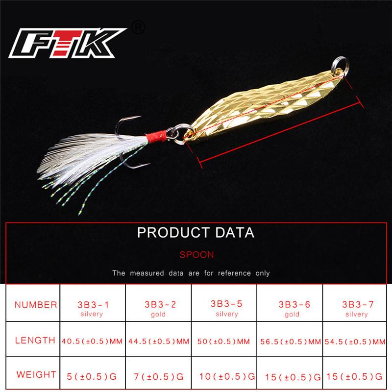 FTK Metallspinnere skje agn 5g 7g 10g 15g kunstig agnkrok Nattfiskeutstyr Bass Barracuda
