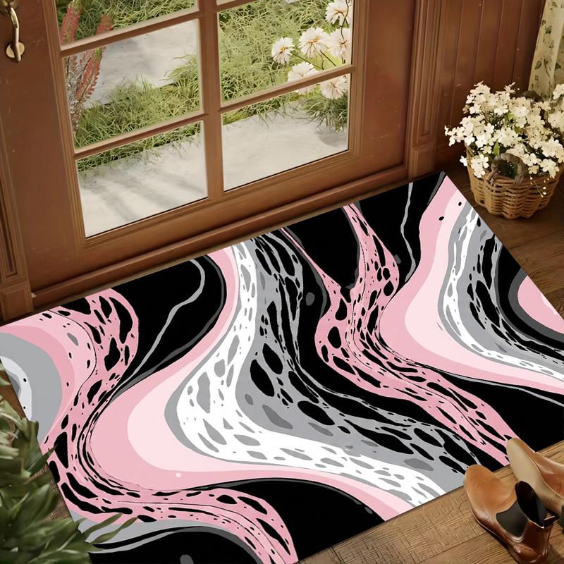 Pink Black Grey Area Rug Abstract Fluid Curves Carpet Bold Contrast Non-Slip Washable Doormat Floormat Nordic Minimalist Style