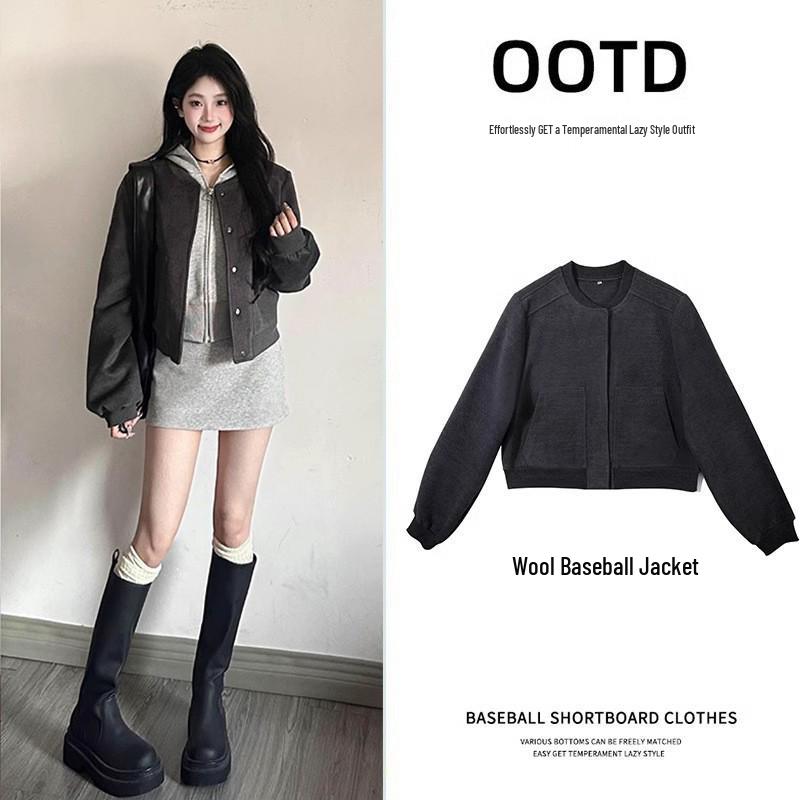 Women's Gray Woolen Skirt & Baseball Jacket Set - Korean Academy Style