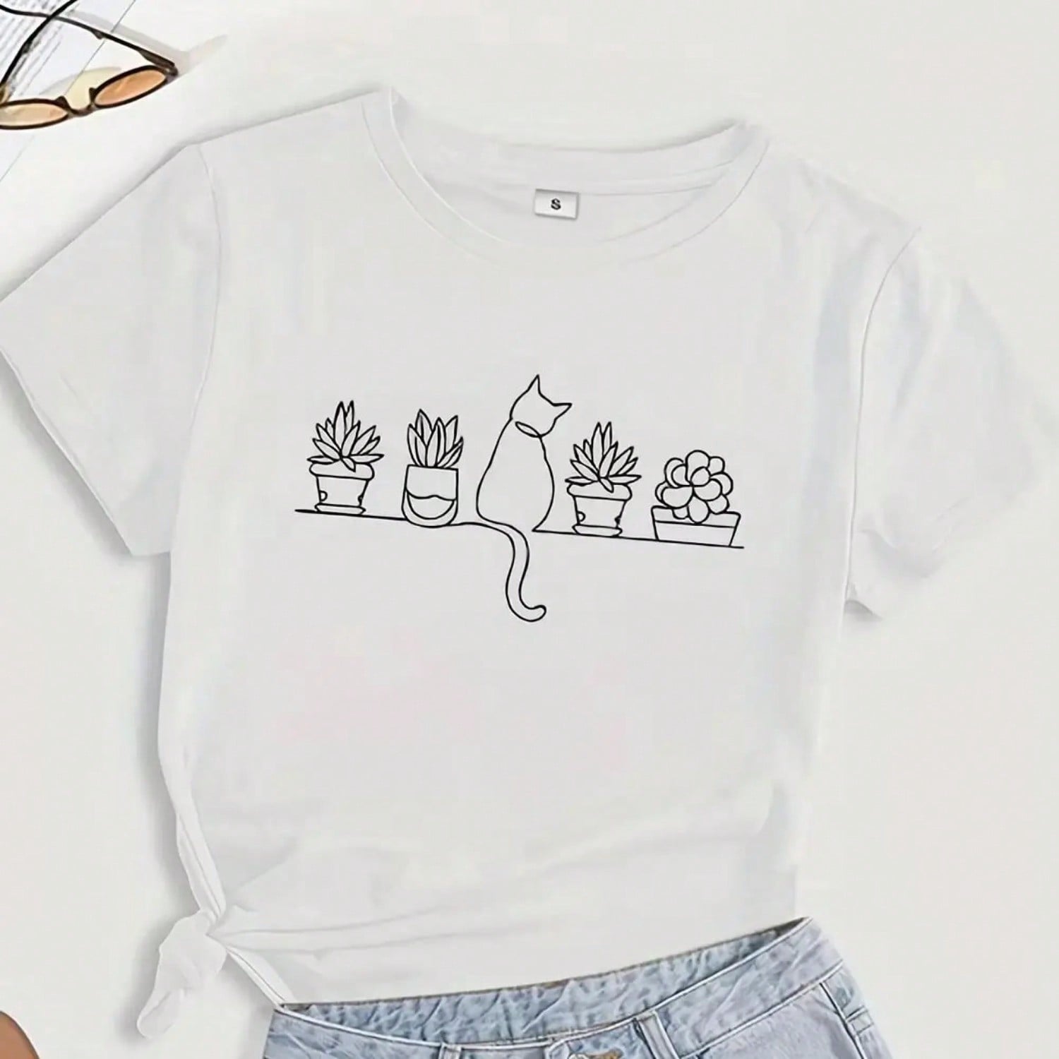 Cartoon Cat Summer Spring Wounisex s Clothing Wounisex s Tops Y2k Clothing Printed T-Shirt Short Sleeve Round Neck Casual Tops S разноцветный