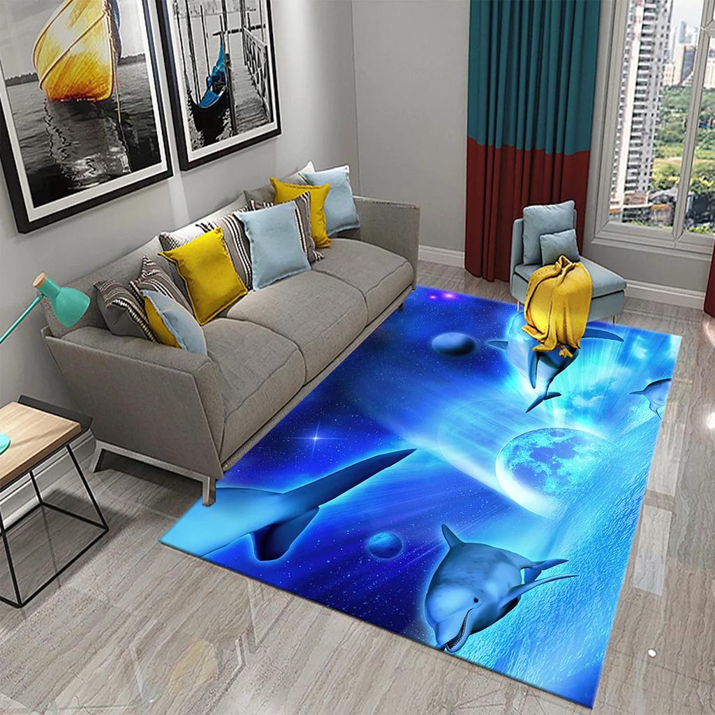 3D Fantasy Dolphin Carpet for Living Room Bedroom Kids Rug Dolphin Series Carpet Hallway Floor Mat Bathroom Kitchen Non-slip Rug