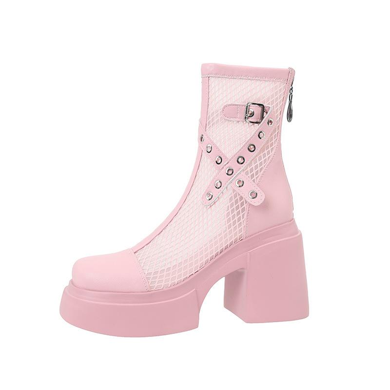 Pink Thick Heel High Heel Mesh Breathable Cool Boots Children's Martin Boots Thick Sole Heightening Small Single Boots