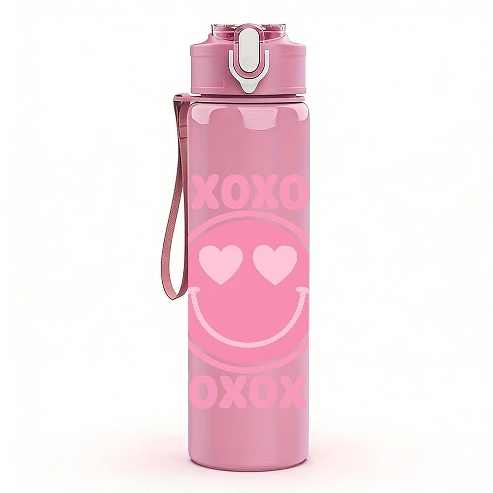 1PC Xoxo Pink Circle Pattern Print 750ml Color Plastic Sports Water Bottle Leakproof Flip Straw Lid Suitable for Sports Office Home Use