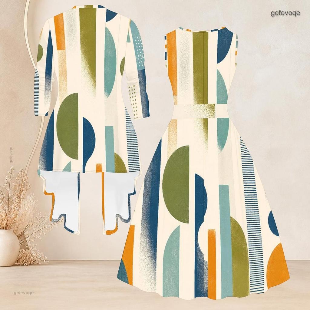 Women Plus Size Two Piece Set Sleeveless Round Neck Tie Waist Flared Dress 3 4 Sleeve Open Cardigan Green Geometric Printed