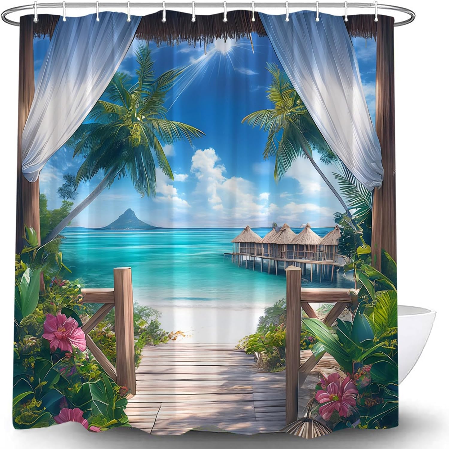 Ocean Beach Scenery Shower Curtain, Tropical Palm Sunset Hawaii Scene, Coastal Seascape with Hooks W120xH180cm