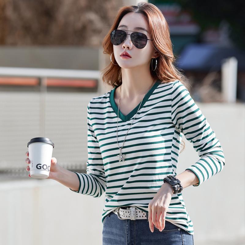 Women's Long-sleeved V-neck T-shirt Loose Large Size Casual Long-sleeved Striped Long-sleeved Shirt