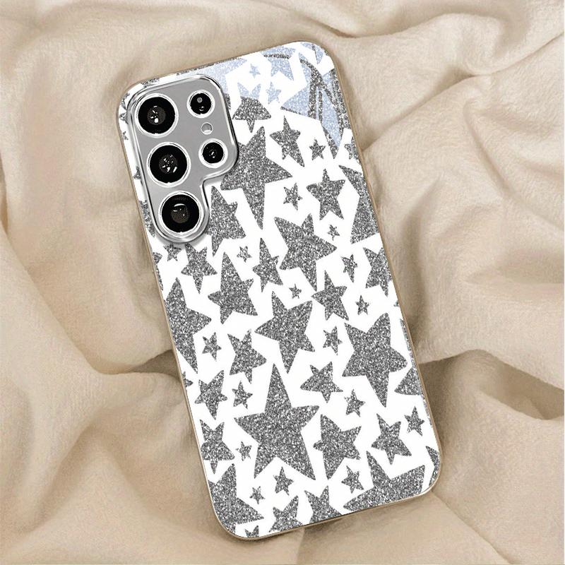 Sparkly Glitter Silver Star Pattern Phone Case for Galaxy S26 S25 S24 S23 Ultra Plus Glass Len Protector Shockproof Cover