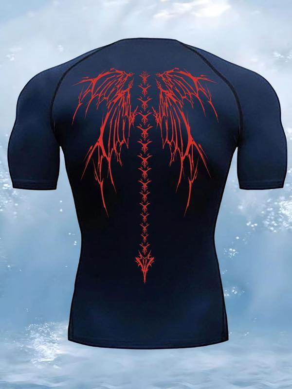 Skull Wings Print Men's Summer Fitness Running Short Sleeve Compression Sports Quick-Drying T-Shirt Short Sleeve Sports Top