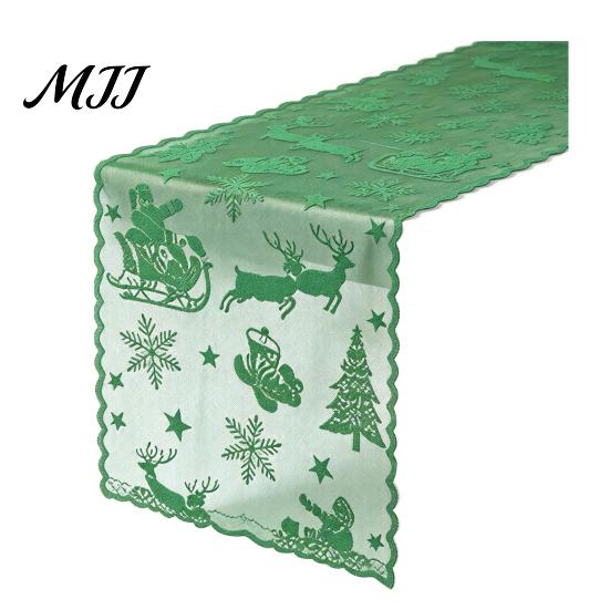 Holiday Table Runner Christmas Lace with Tassels, Sheer Embroidery Snowflake Sleigh Xmas Tablecloth, Cover for Parties Dining Room Decor Entryway