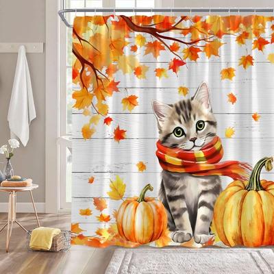 Autumn Pumpkin Shower Curtain Cat Maple Leave Fall Thanksgiving Harvest Rustic Barn Door Wooden Vintage Farmhouse Bathroom Decor