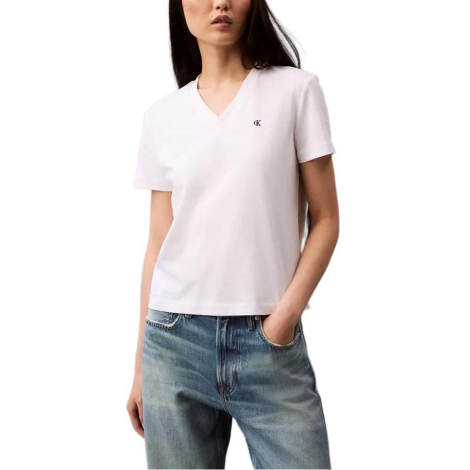 Calvin Klein Soft Breathable Comfortable Solid Color V-Neck Short Sleeve T-Shirt Women Tops Bright-White 40WL279-110