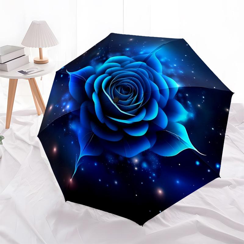 1pc Blue Rose Print Automatic Folding Umbrella - 8-Rib Durable Iron Frame, Compact Portable for Daily Travel yy251205047