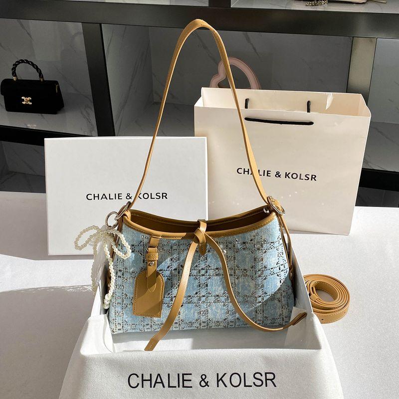 

Chalie Kolsr Western Style Niche Diamond-Embedded Tote Bag 2025 New High-Grade Contrast Color Denim Underarm Bag Blue