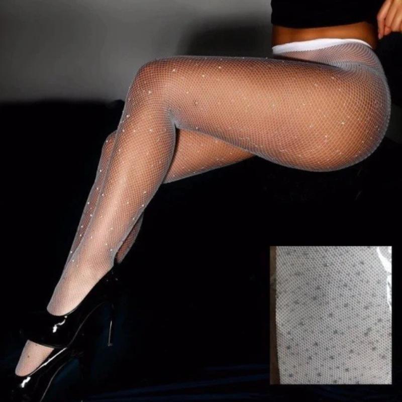 

Female Slim Rhinestone Mesh Nylon Shiny Fishnet Stockings Summer Ultra Thin Sexy Sheer Tights Y2K Harajuku Spicy Girls Pantyhose One Size белый