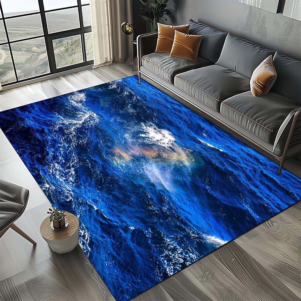 2025 New Style Blue Green Seawater Sea Wave Scenery Carpet Rug for Living Room Bedroom Home Sofa Decoration,Non-slip Floor Mat