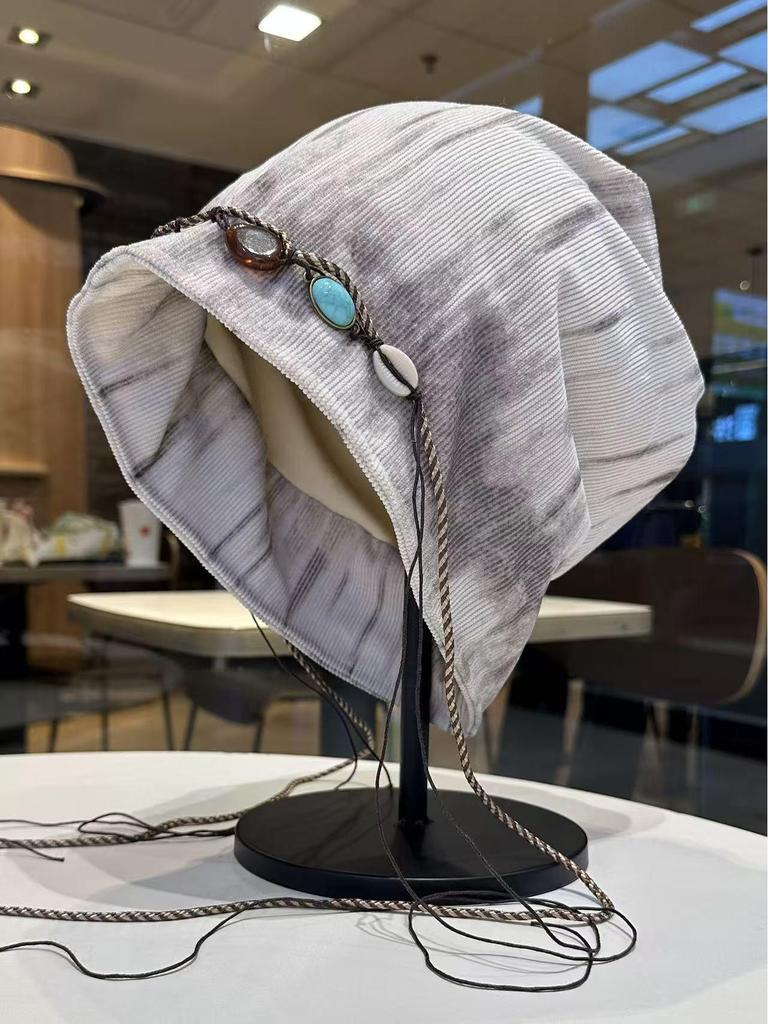 Korean-Style Tie-Dye Beaded Slouchy Beanie for Women - Ethnic Retro Tassel Skull Cap, Early Autumn Wear