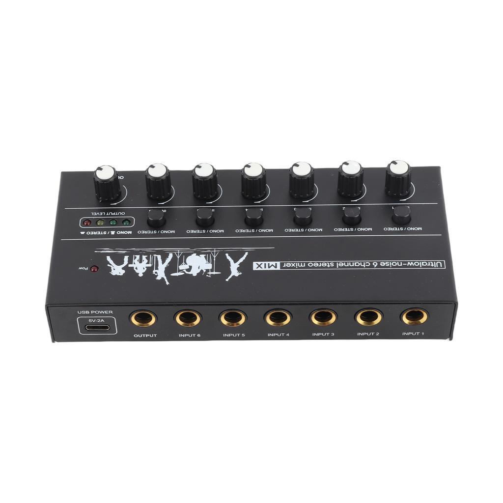6 Channel Audio Mixer Stereo Line Mixer Metal Shell USB Type C Power Supply for Guitar Bass Keyboard Stage 6.35mm Mono