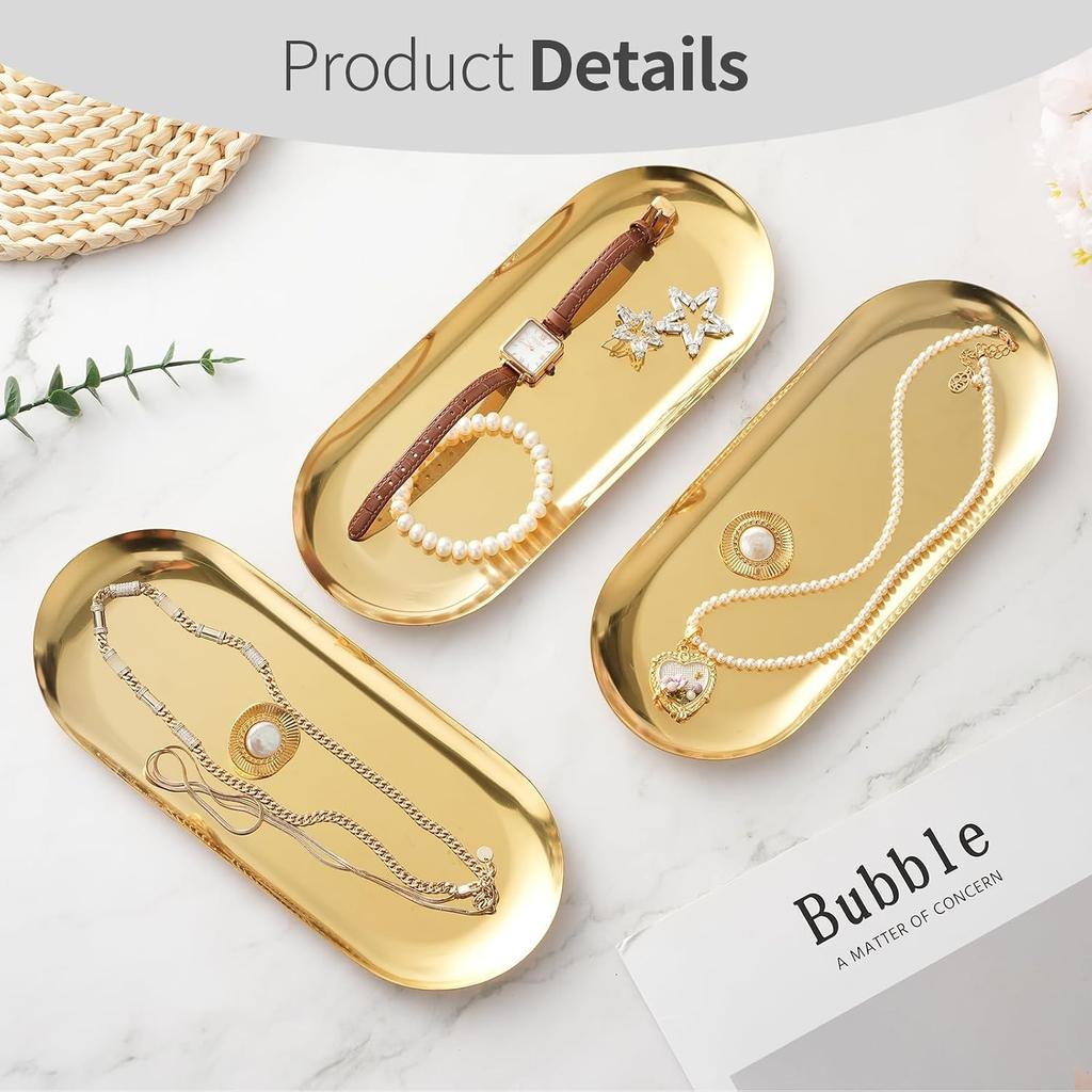 3 Pack Gold Trays for Decor, Stainless Steel Decorative Tray, Small Vanity Tray for Bathroom, Elegant Jewelry Tray for Holding Perfume, Keys, Wallet