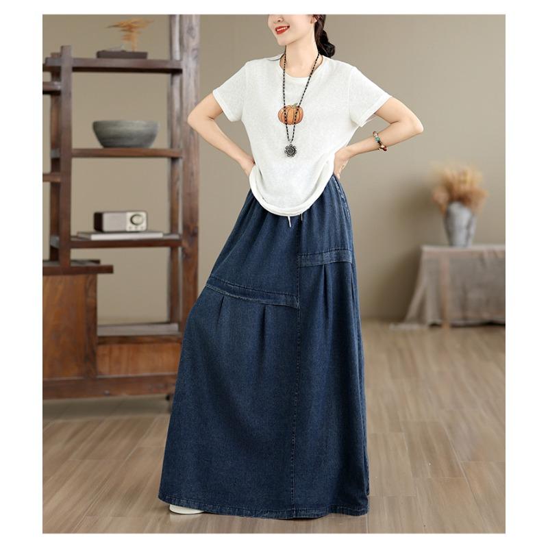 DIMANAF 2026 Autumn Winter Women Plus Size Denim Long Skirts Trousers Bottoms Cotton Loose Casual Oversize Denim Blue Skirt
