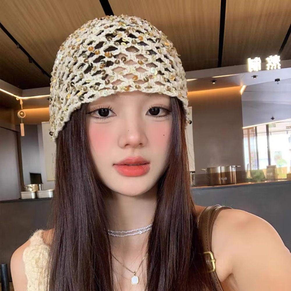 Retro Hollow Sequined Beanies Cap Korean Ear Protection Hat Fashion Knitted Hat For Women