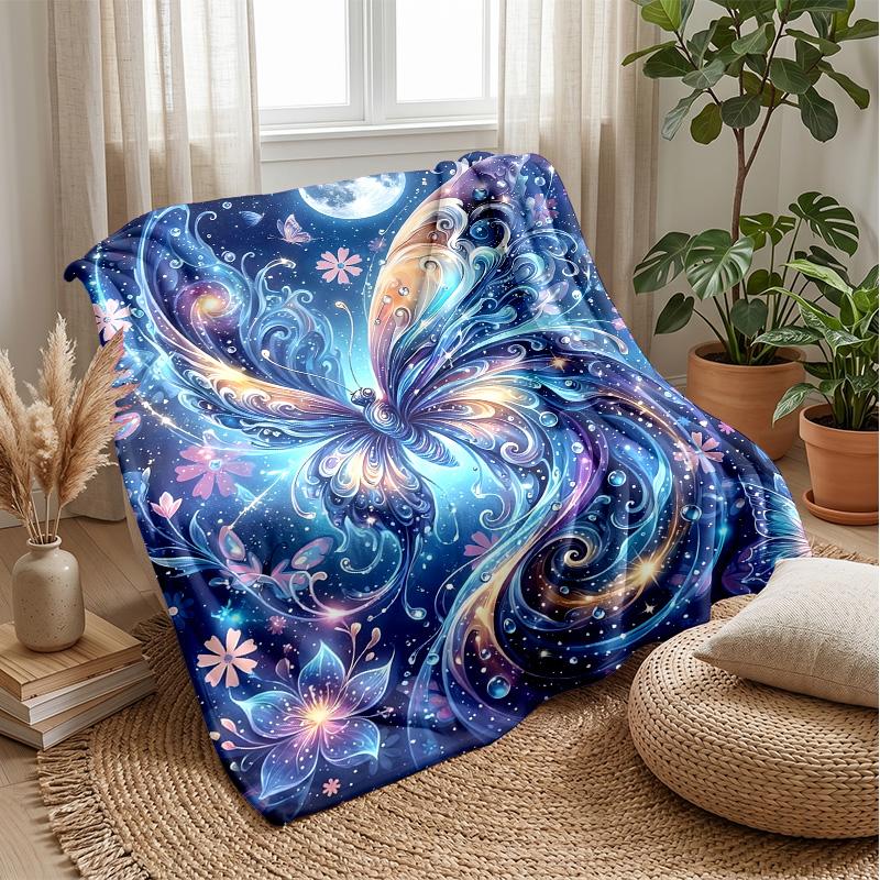 Moonlit Butterfly Magic Theme Blanket Lightweight Warm Flannel Blanket Decorative Throw Blanket for Home Decoration