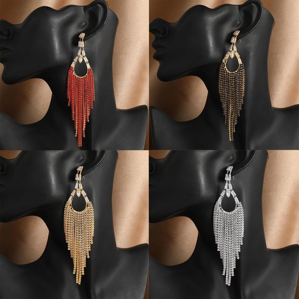 Elegant European & American Long Tassel Rhinestone Zircon Earrings