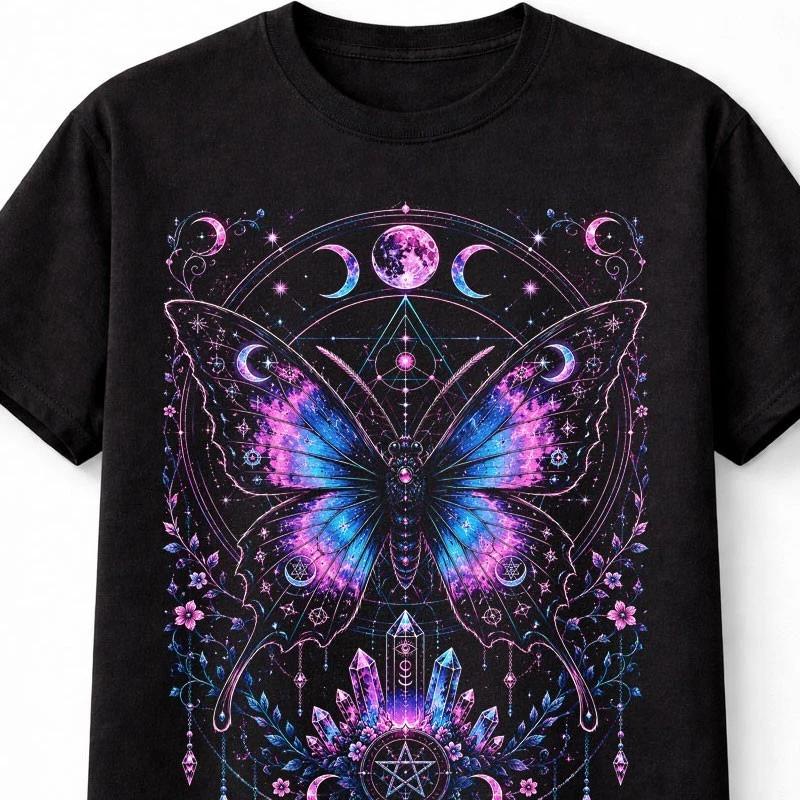 Mystic Butterfly Moon Crystal Witchcraft Gothic Black Unisex TShirt