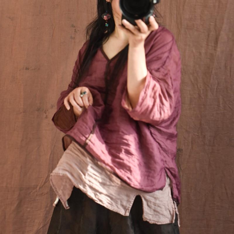 

Жіночі старовинні футболки Johnature з рамі, однотонні футболки з V-подібним вирізом і довгими рукавами, літні високоякісні жіночі футболки One Size китай храм на зуя