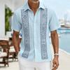 Men's Light Blue Geometric Ethnic Pattern Short Sleeve Shirt, Retro Bohemian