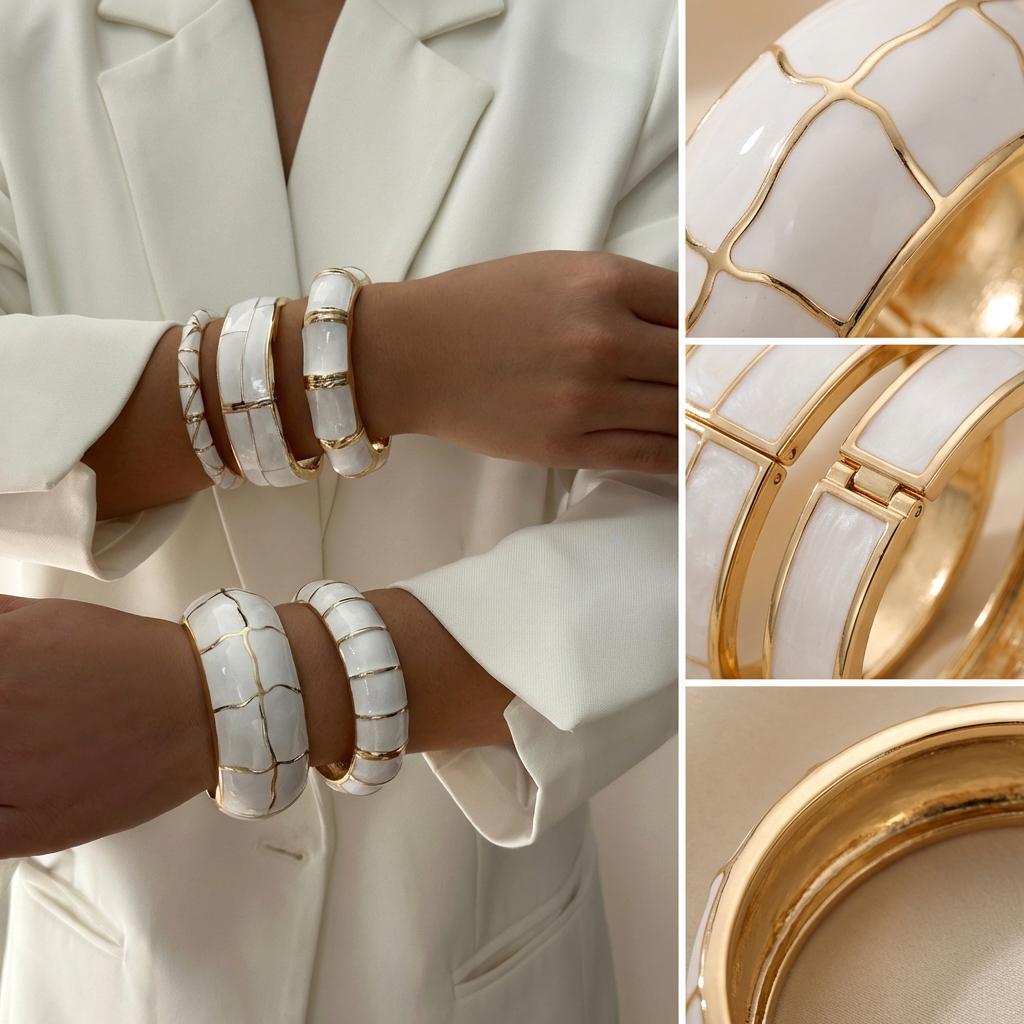 Minimalistické bílé bambusové smaltované náramky pro ženy Trendy punkové geometrické široké pružinové náramky Estetické party šperky dárky