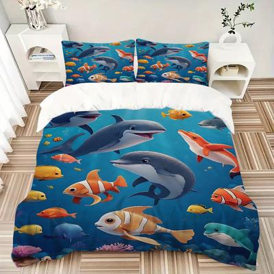 3pcs Underwater Adventure Printed Quilt Set, Includes 1 Quilt Cover and 2 Pillowcases