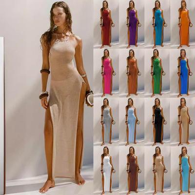 Robe de plage tricotée élégante double face à fente haute et bretelles spaghetti 2024